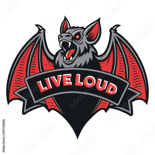 A demonic, winged bat clutches a tattered banner proclaiming "Live Lo," amidst a dark, gothic backdrop.  Render in high detail.