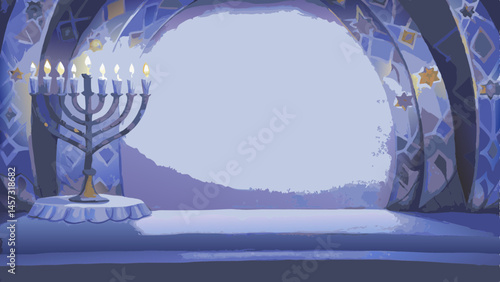 Watercolor menorah with soft blue and gold hues, gentle flickering flames, warm festive Hanukkah ambiance with copy space 