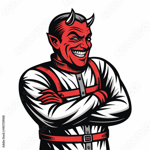 A terrifying demon, bound in a crimson straitjacket, displays a manic, wide grin, its eyes glowing red.  Highly detailed, dark fantasy art.