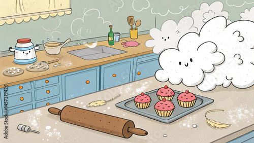 Doodle kitchen mid-baking with messy flour clouds cupcakes and playful sketchy chaos