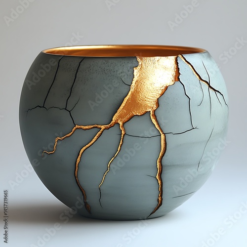 Kintsugi Art Repair Vase With Gold Seams Traditional Japanese Restoration High Resolution Photo