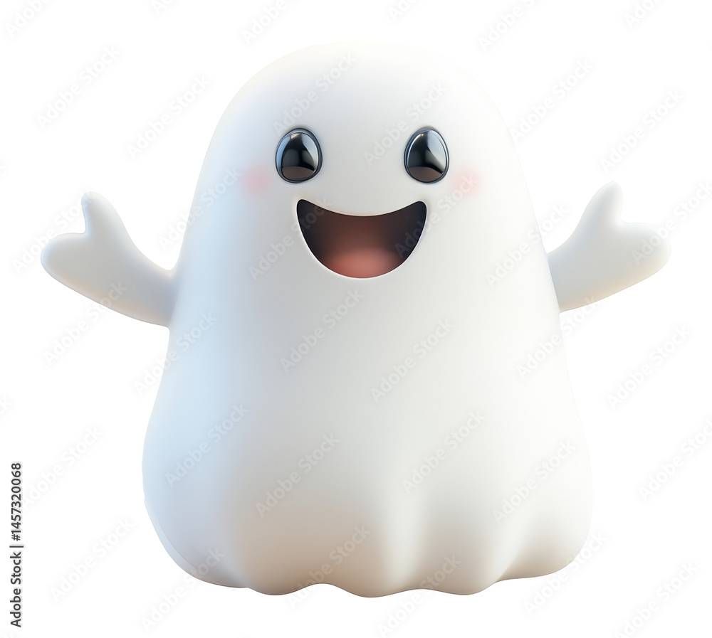 Adorable smiling cartoon ghost with arms outstretched in a joyful pose on transparent background Adorable smiling cartoon ghost with arms outstretched in a joyful pose on transparent background
