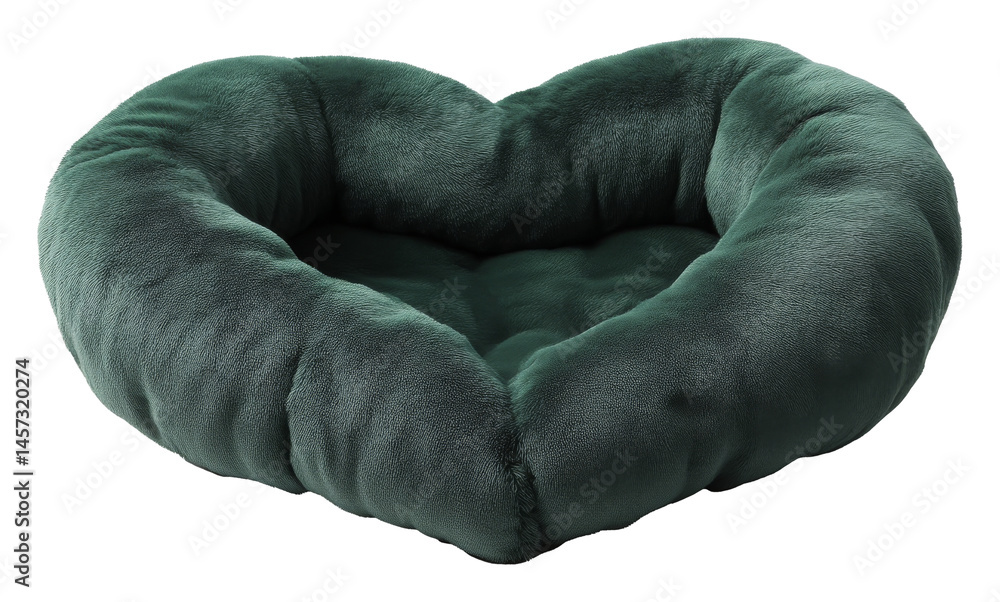 Dark green heart-shaped plush pet bed with soft texture on a transparent background Dark green heart-shaped plush pet bed with soft texture on a transparent background