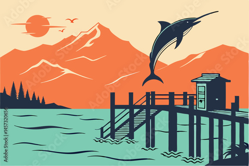 33 Sunset ocean scene, silhouette of leaping sailfish, wooden pier, mountains in background, calm water, shark fin, mailboxes, vibrant orange sky, teal water, digital illustration style, dramatic ligh