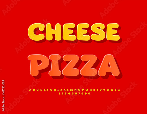 Vector Culinary emblem Cheesy Pizza. Funny Sticker Font. Yellow Round Alphabet Letters and Numbers set