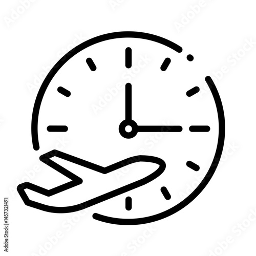 Flight delayed, airplane with clock background – vector icon