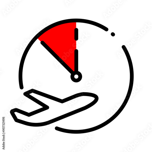 Flight delayed, airplane with clock background – vector icon