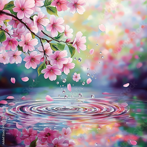 beautiful colorful Japanese spring's flowers, cherry blossoms, beautiful water ripples in the puddle, in the mountains, in the beautiful forest, leaves, nature, beautiful rain drops, beautiful fog, o