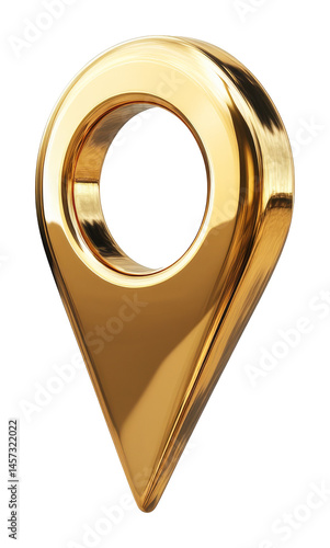 Golden navigation pin symbol with polished surface on transparent background