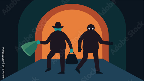 Holding a Bag of Stolen Goods One robber holds a large bag filled with stolen valuables while the other leads the way through the tunnel.