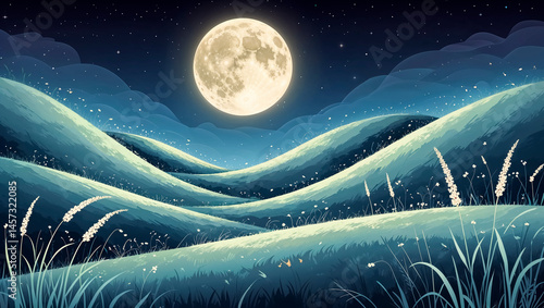 Serene night landscape with full moon illuminating