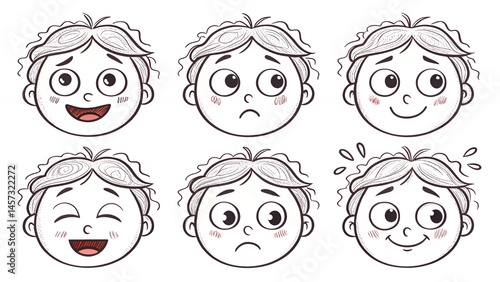 Simple doodle faces showing moods like sleepy hyper bored frustrated cheerful surprised with expression