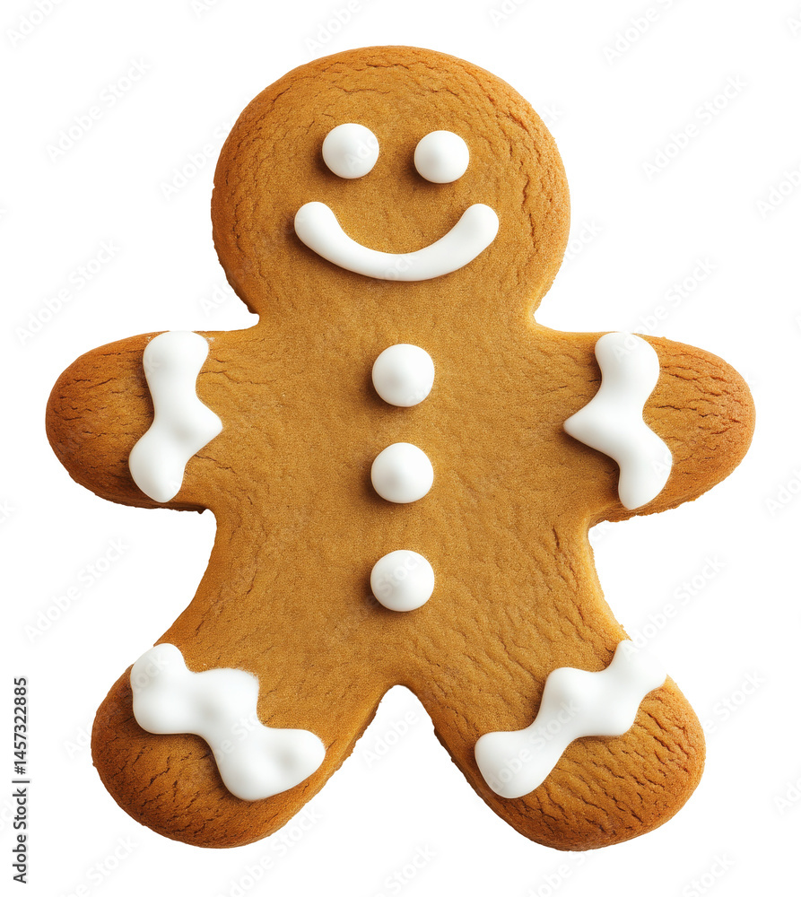Gingerbread man with white icing on a transparent background, festive holiday treat Gingerbread man with white icing on a transparent background, festive holiday treat