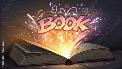 Graffiti book with glowing pages bursting vibrant paint streaks and bold letters