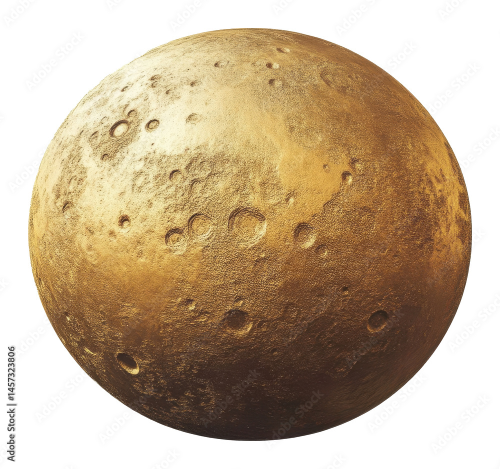 Fototapeta premium Golden textured moon with craters in a 3d illustration on a transparent background