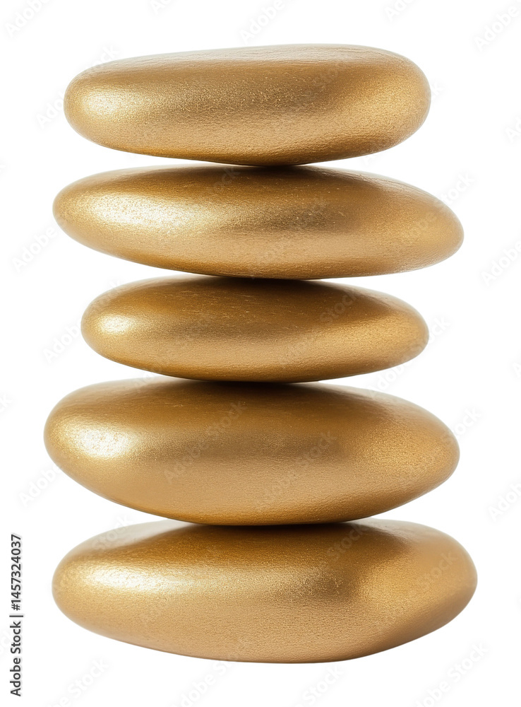 Stack of smooth shimmering golden stones on transparent background, concept of balance Stack of smooth shimmering golden stones on transparent background, concept of balance