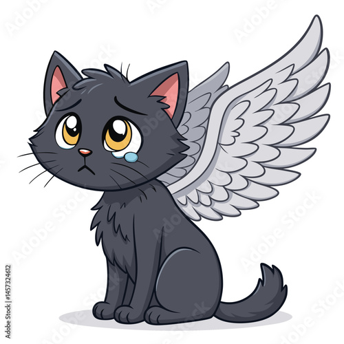 A melancholic feline angel, wings tattered and broken, rests beside a steaming cup of black tea, conveying a sense of fallen grace.