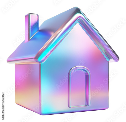 Iridescent house icon in vibrant pastel colors on a transparent background