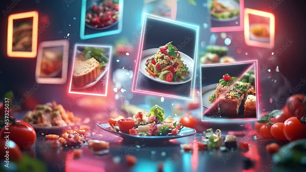Food Presentation Featuring Vibrant Dishes Tomatoes and Neon Lights in a Dark Environment Food Presentation Featuring Vibrant Dishes Tomatoes and Neon Lights in a Dark Environment
