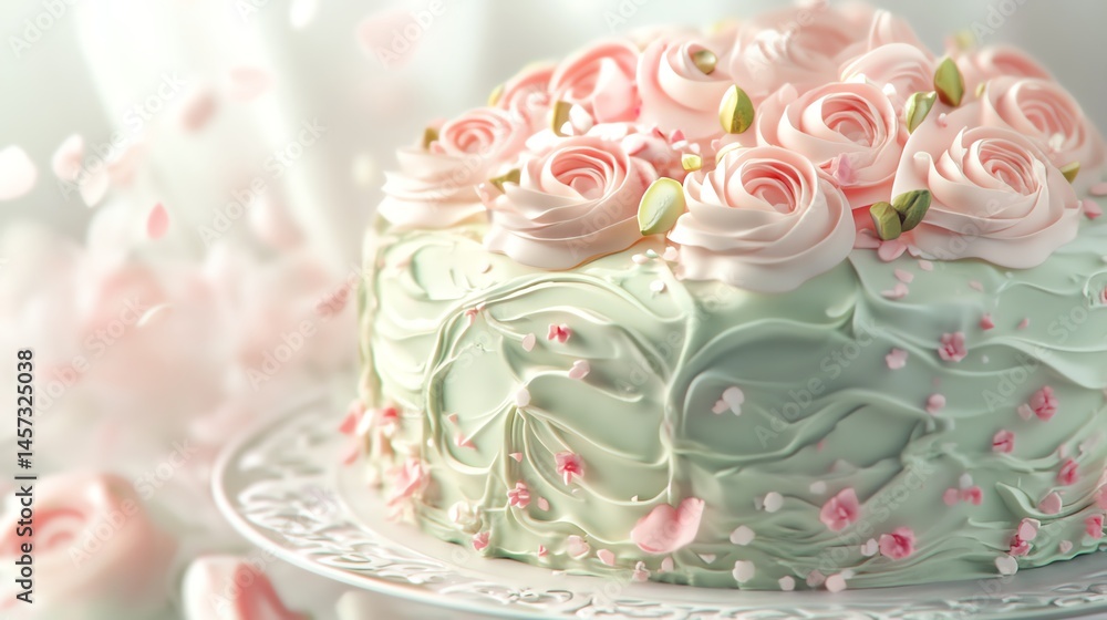 Fototapeta premium Beautifully decorated floral cake with pastel colors. 3D soft pop style.