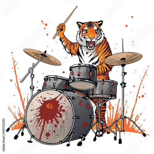 A ferocious feral tiger, blood-splattered fur, intensely focused, rhythmically beating a tribal drum set, amidst a jungle setting.