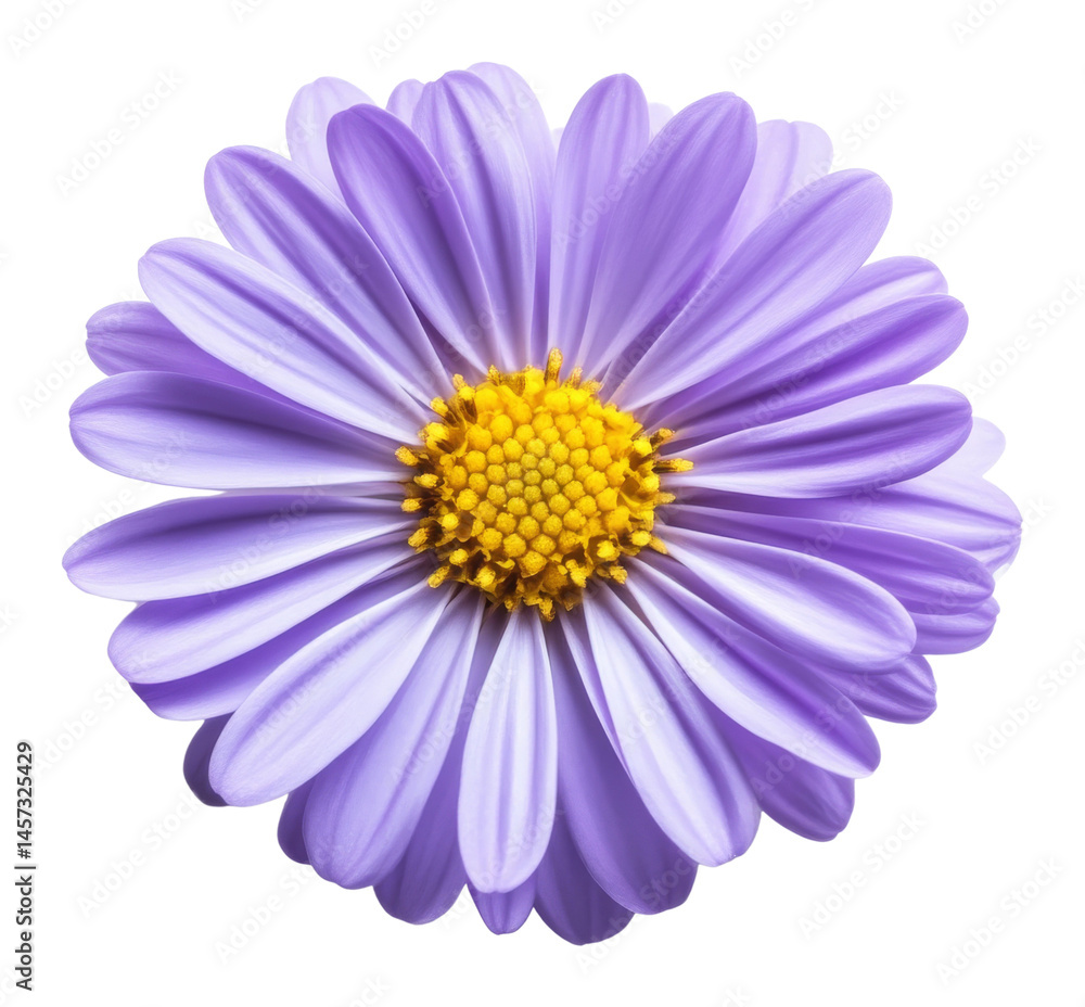 Close-up of a single purple daisy with yellow center on transparent background Close-up of a single purple daisy with yellow center on transparent background