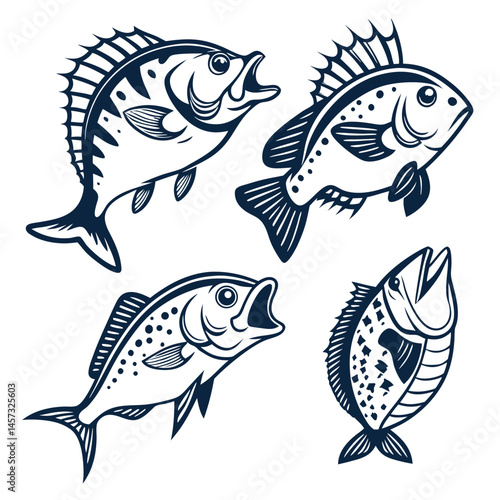 Four Detailed Line Art Fish Illustrations Perfect for Nautical Themes Branding and Design Projects