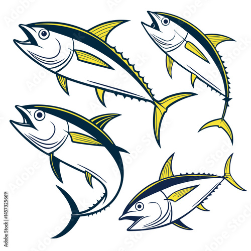 Collection of Four Yellowfin Tuna Illustrations in Dynamic Poses
