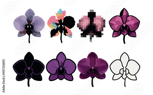 Orchid art styles icons set – watercolor, pixelated, geometric, line art, realistic. Vector icons set