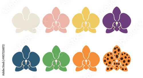Orchid silhouettes icons set – elegant, colorful, floral, nature, minimalistic, exotic, art. Vector icons set