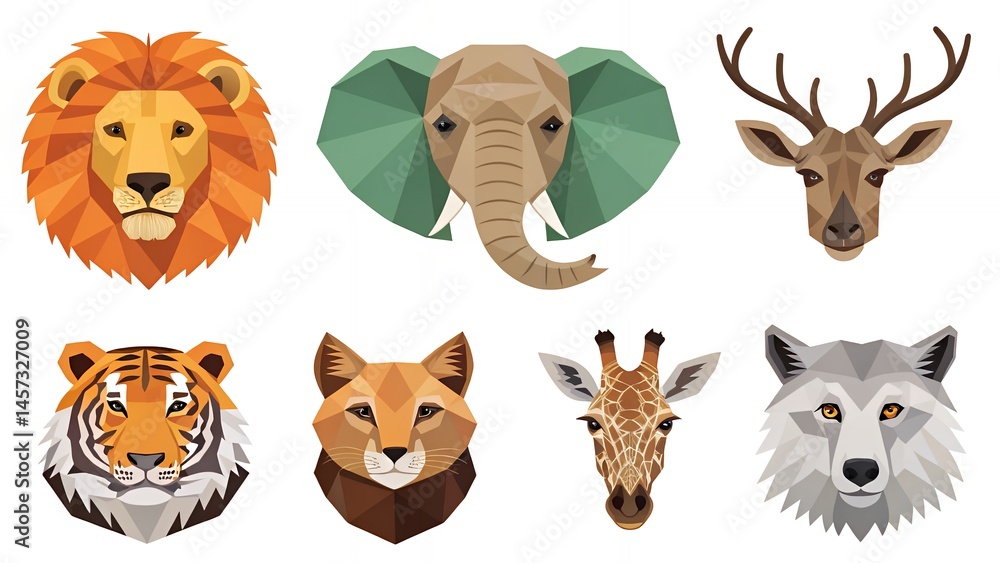 Fototapeta premium Geometric vector art pack of lions tigers elephants and foxes in bold colors
