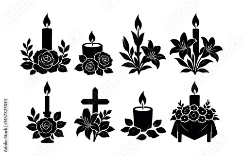 Funeral candle silhouettes set – roses, lilies, cross, floral arrangements, mourning. Vector icons set