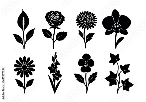 Elegant floral funeral icon set – lily, rose, chrysanthemum, orchid, daisy, gladiolus, pansy, ivy. Vector icons set