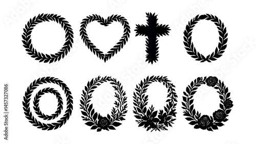 Elegant wreath icons set – circle, heart, cross, floral, rose, oval. Vector icons set