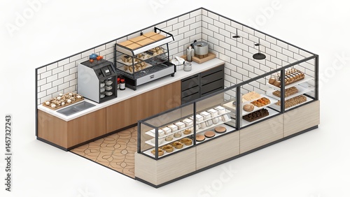 Isometric coffee shop counter with espresso machine mugs pastries in grid layout