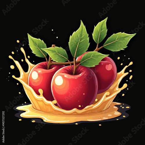 Vector design with branch of red apple,
fruit juice splashes, drops isolated 
on black background. Fashionable print for paper, 
ice cream, yogurt, candy,
lemonade label, sweet water, food packaging. 