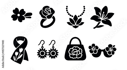 Floral accessories silhouette icons set – necklace, rose, lily, earrings, bag, sunglasses. Vector icons set