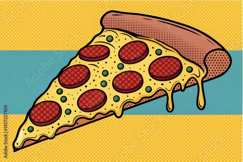 Pop art pizza slice with exaggerated pepperoni bold outlines and bright contrasting colors