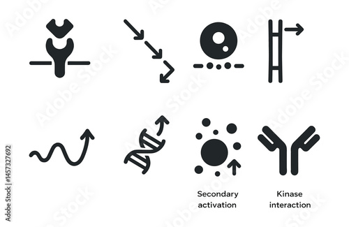 Plant cell signal pathway icons set – receptor, arrow, nucleus, dna, wave, activation, kinase. Vector icons set