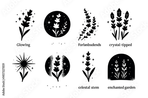 Enchanted garden icons set – glowing lavender, celestial stem, crystal-tipped, floral magic. Vector icons set