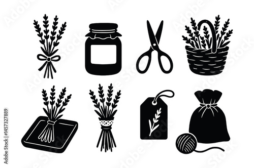Lavender accessories icon set – jar, scissors, basket, tag, sachet, knitting, lavender. Vector icons set