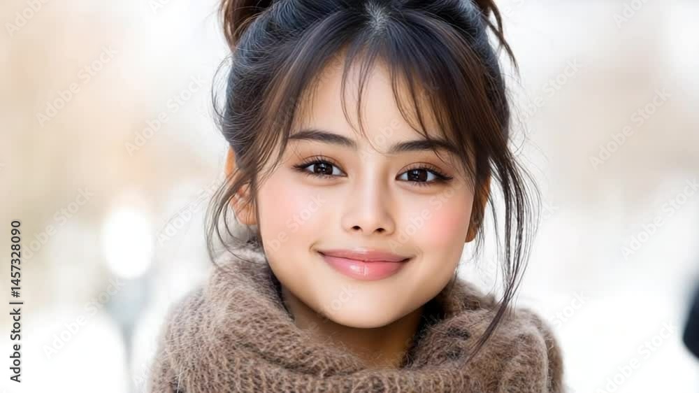 Young woman with radiant smile in winter fashion, cozy scarf, cheerful expression, soft focus background, bright winter day Young woman with radiant smile in winter fashion, cozy scarf, cheerful expression, soft focus background, bright winter day