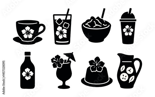 Wallpaper Mural Hibiscus beverage icons set – tea, juice, cocktail, smoothie, ice, bottle, pitcher, garnish, flower. Vector icons set Torontodigital.ca