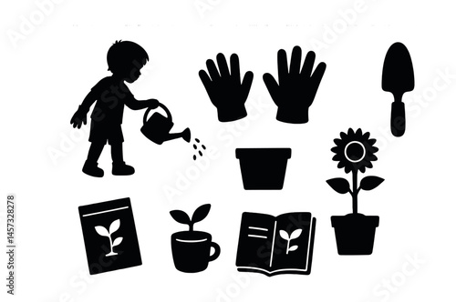 Kids gardening icons set – watering, gloves, trowel, plant pot, sunflower, seedling, book. Vector icons set