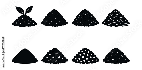 Soil types icons set – clay, sand, silt, loam, chalk, peat, gravel, compost, mulch. Vector icons set