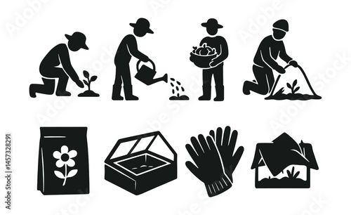 Seasonal gardening activity icons set – planting, watering, harvesting, greenhouse, gloves. Vector icons set
