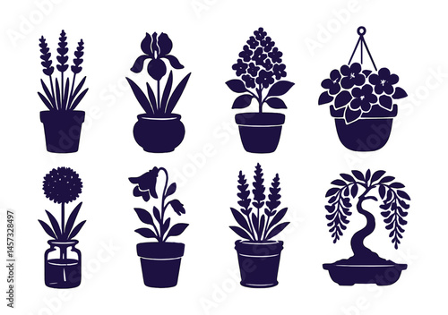 Silhouette flower pot icons set – lavender, iris, bonsai, hanging basket, allium, bellflower, hyacinth. Vector icons set