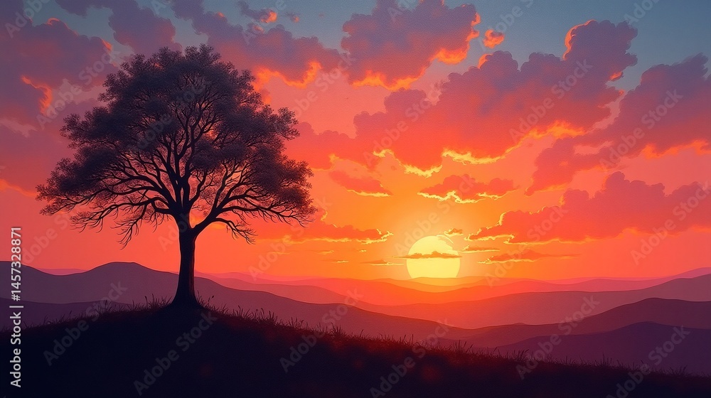 Fototapeta premium Solitude in Twilight: The Lonely Tree's Sunset Embrace