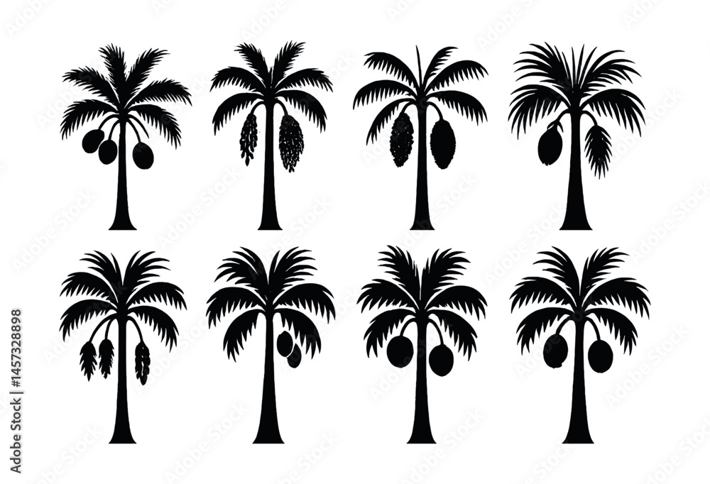 Fototapeta premium Tropical palm silhouette icons set – coconut, fan, date, windmill, sago, bismarck, sugar, areca. Vector icons set