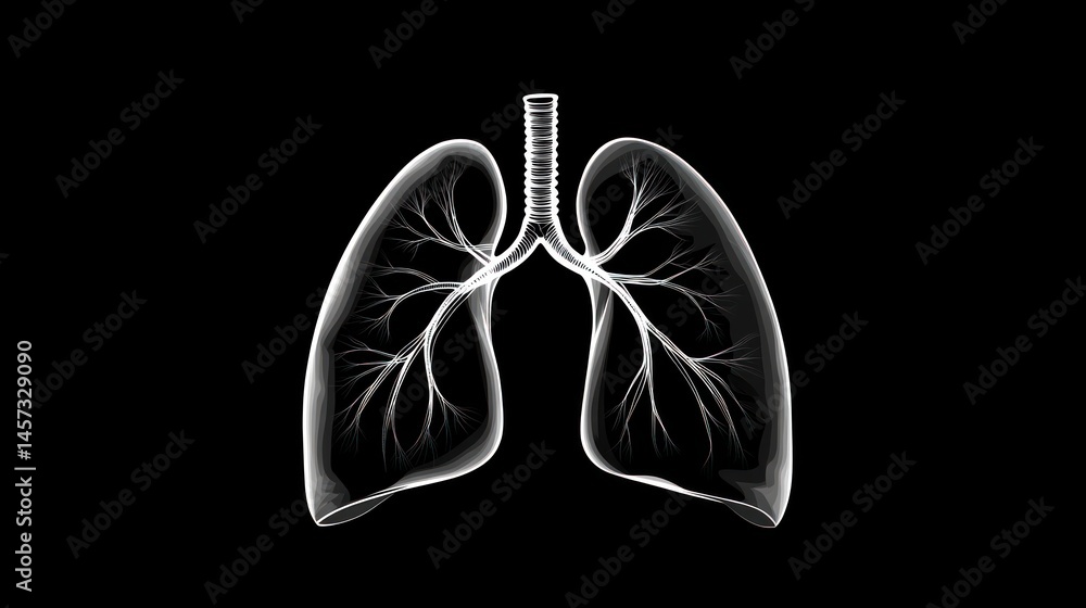 Anatomical illustration of lungs against a black background, depicting respiratory system details Anatomical illustration of lungs against a black background, depicting respiratory system details